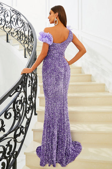 Purple Mermaid Off the Shoulder Sequins Ball Dress